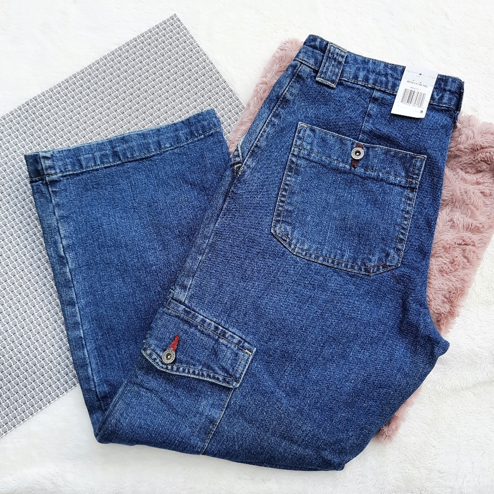 Vintage Tommy Hilfiger Y2K Crop Jeans Cargo Pocket Hi Rise Mom Denim NEW